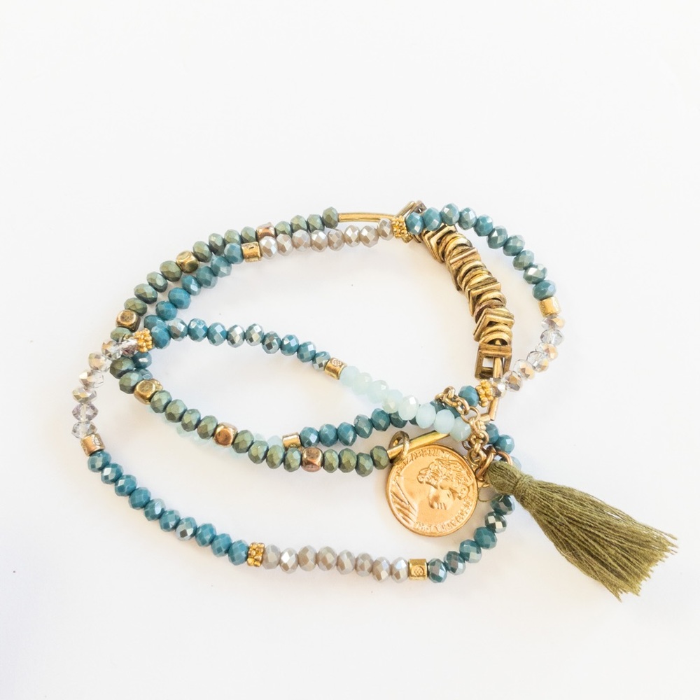 Blue and Gold bead set of Three bracelets